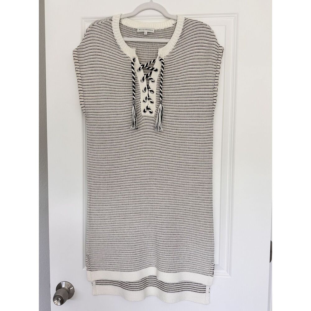 White + Warren Cotton Knit Tunic Sweater Dress Large Lace-Up Cream Black